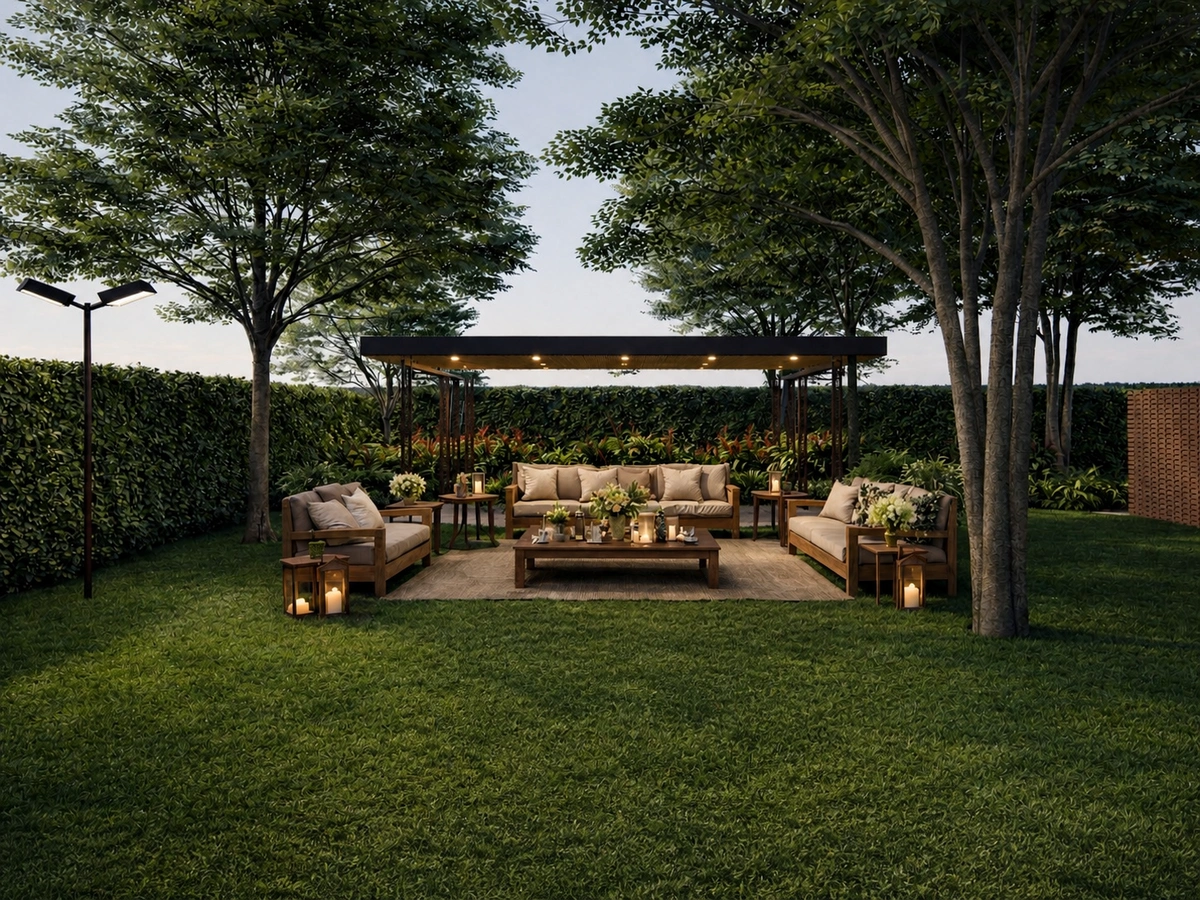 Pergolado com lounge ao entardecer